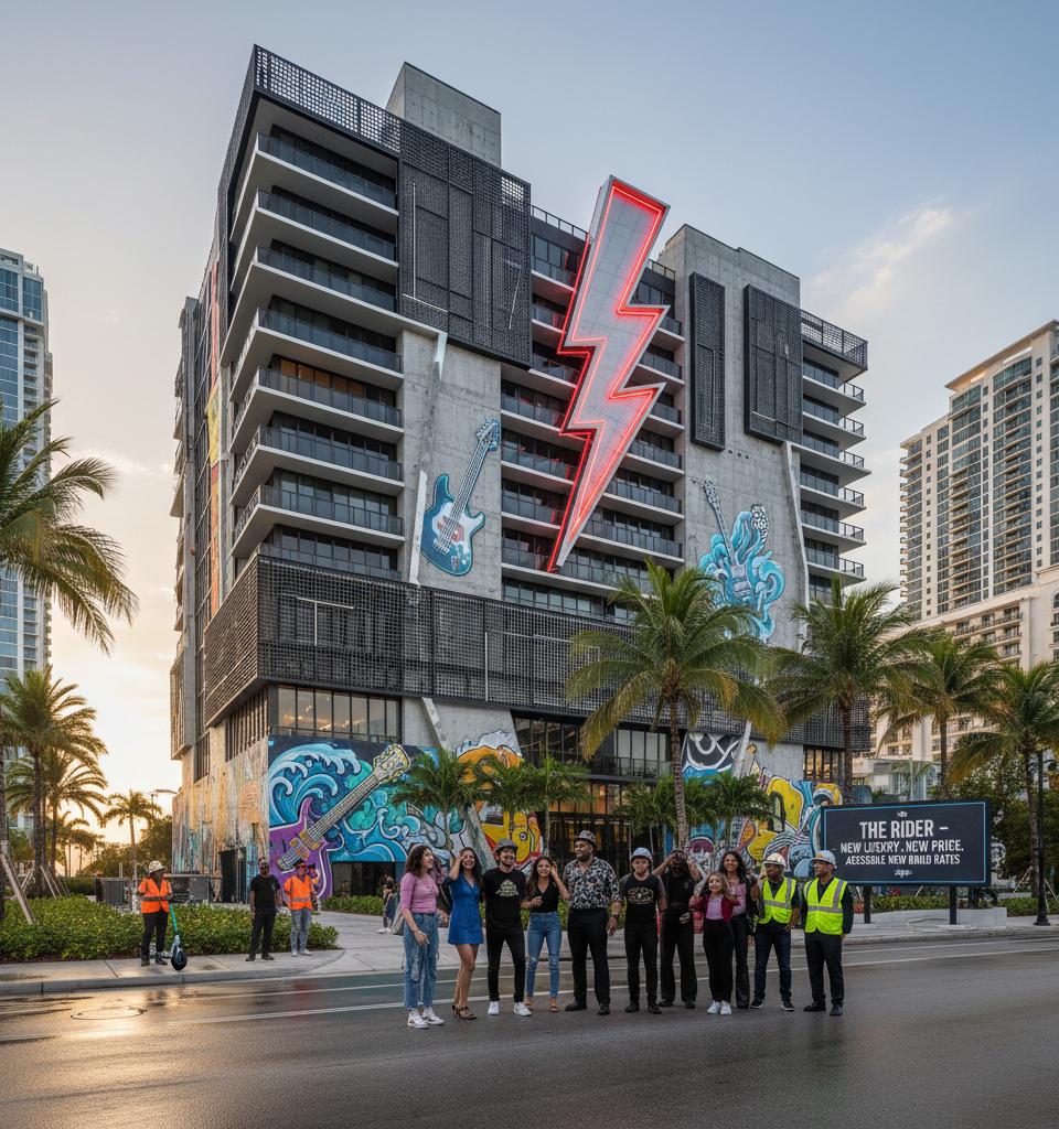 Miami's 'Rock 'n' Roll' Condo Challenges Luxury Markup With Accessible New Build Rates — AI-generated illustration