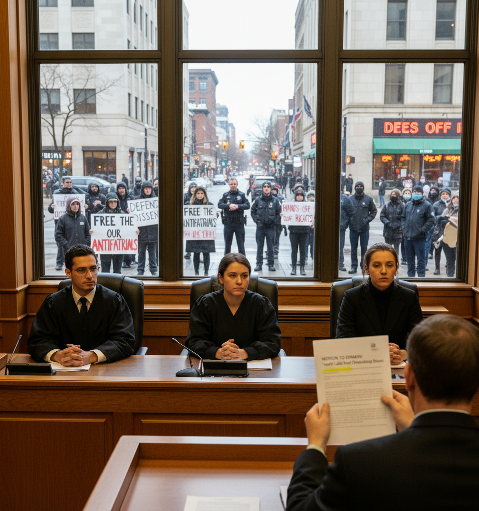 Minneapolis Defendants Allege Trump Admin Used 'Antifa' Label to Criminalize Dissent — AI-generated illustration