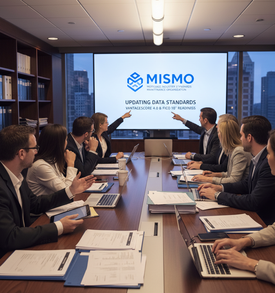 MISMO Updates Mortgage Insurance Data Standards for VantageScore 4.0 and FICO 10T Readiness — AI-generated illustration