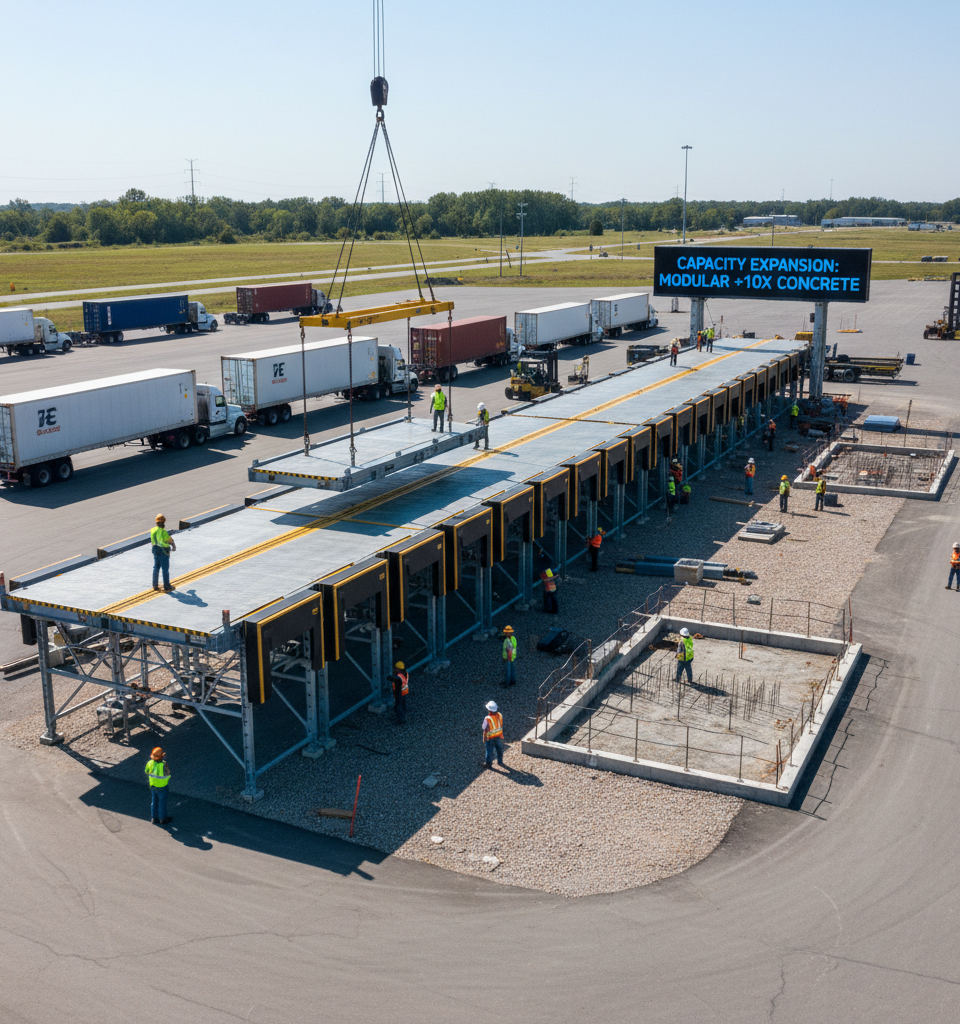 Modular Construction Surge: Dockzilla Platforms Outpace Traditional Concrete by 10x in Capacity Expansion — AI-generated illustration