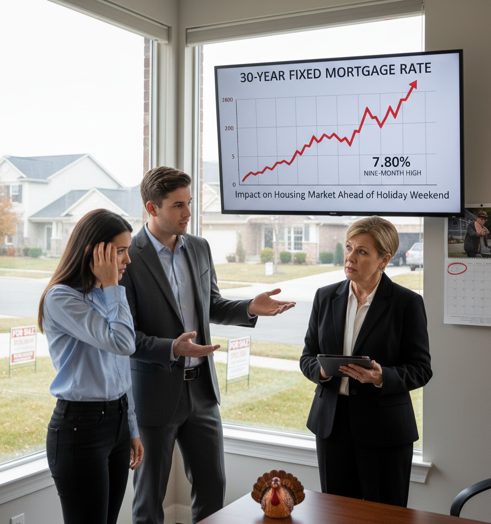 Mortgage Rates Surge to Nine-Month High, Impacting Housing Market Ahead of Holiday Weekend — AI-generated illustration