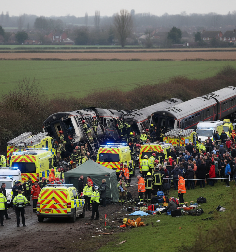 Multiple Injuries Reported After Two Trains Collide Near Bedford, North of London — AI-generated illustration