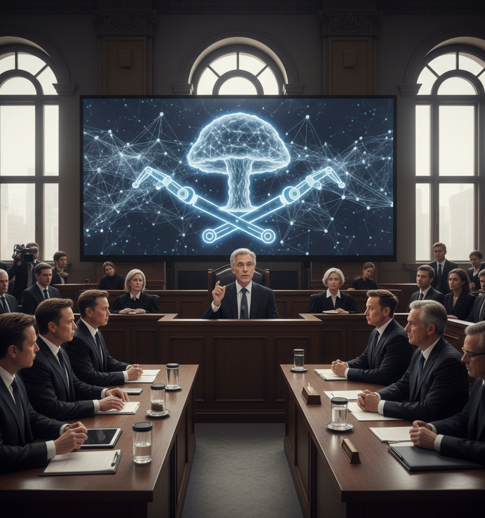 Musk's AI Witness Warns of AGI Arms Race in OpenAI Trial, Urging Frontier Lab Restraint — AI-generated illustration
