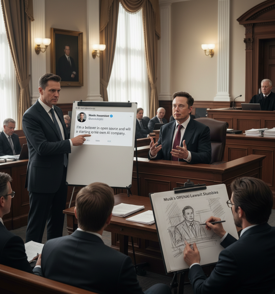 Musk's OpenAI Lawsuit Stumbles as Past Tweets Become Central to Testimony — AI-generated illustration