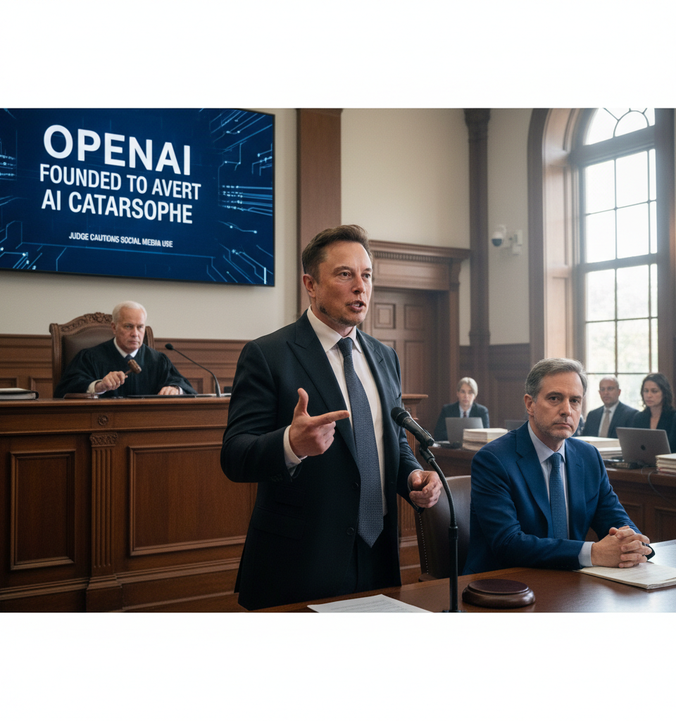 Musk Testifies OpenAI Founded to Avert AI Catastrophe; Judge Cautions Social Media Use — AI-generated illustration