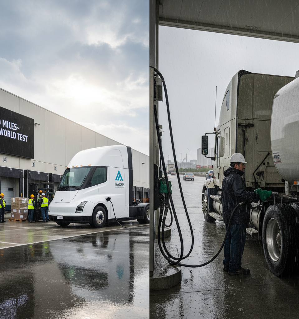 NACFE: Diesel hits 11.5 mpg while Tesla Semi runs 460 miles in real-world test — AI-generated illustration