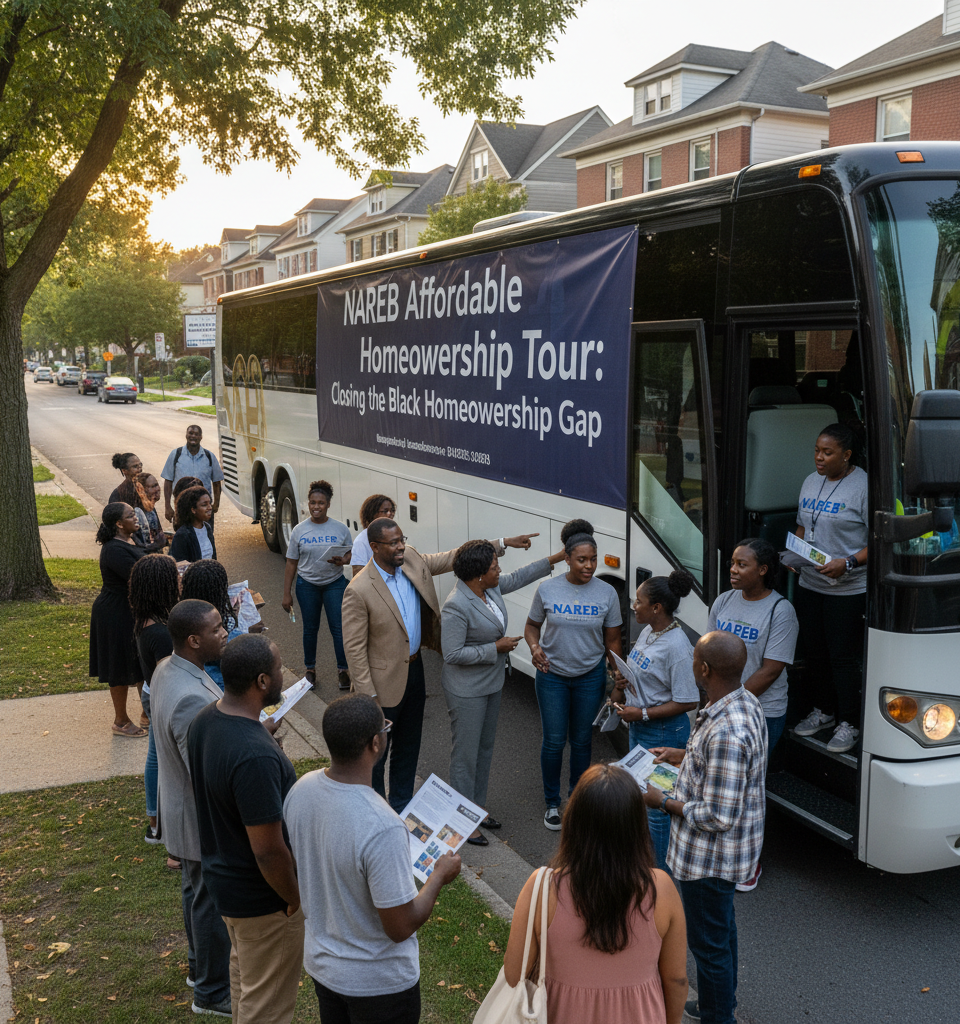 NAREB affordable homeownership bus tour targets Black homeownership gap — AI-generated illustration