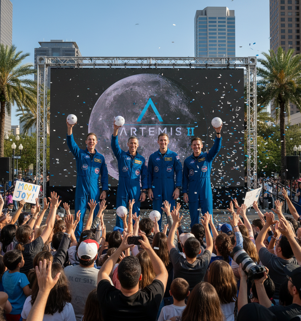 NASA’s Artemis II Astronauts Spread ‘Moon Joy’ to the Public — AI-generated illustration