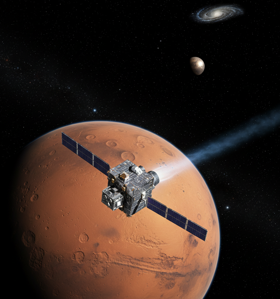 NASA's Psyche Spacecraft Executes Crucial Mars Gravity Assist En Route to Metal Asteroid — AI-generated illustration
