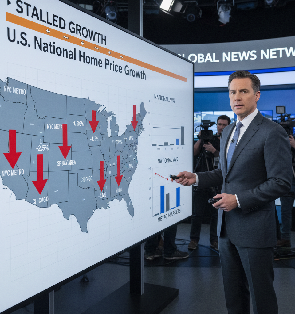 National Home Price Growth Stalls Amidst Declines in Key Metro Markets — AI-generated illustration