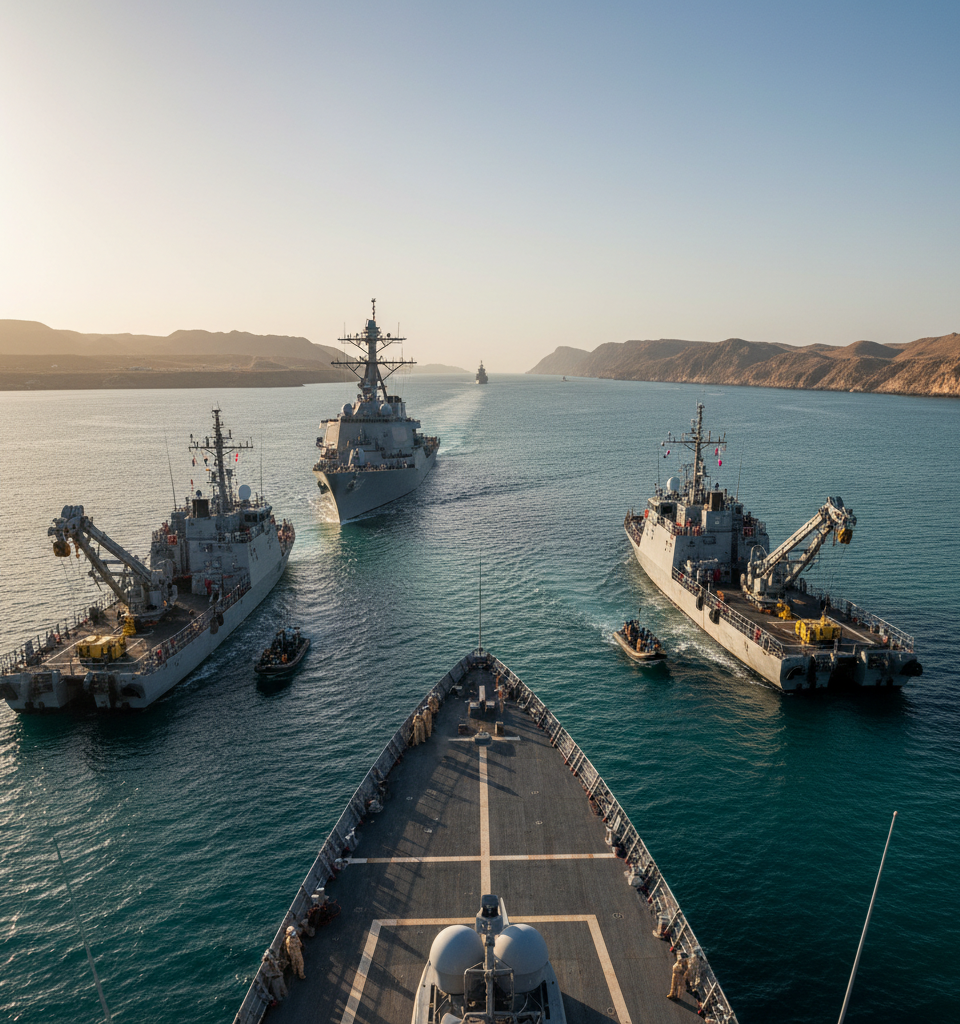 Navy Warships Cross Strait of Hormuz to Clear Mines, U.S. Says — AI-generated illustration