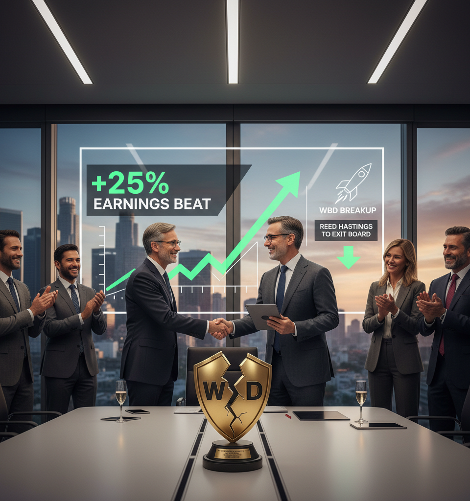 Netflix posts massive earnings beat thanks to WBD breakup, announces Reed Hastings to exit board — AI-generated illustration