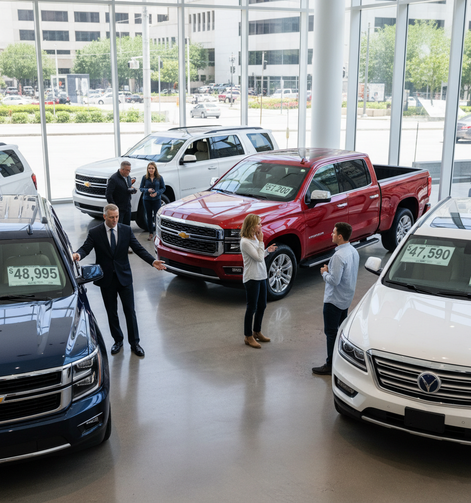 New Car Prices Soar Towards $50,000 Mark Amidst Industry Shift to SUVs & Trucks — AI-generated illustration