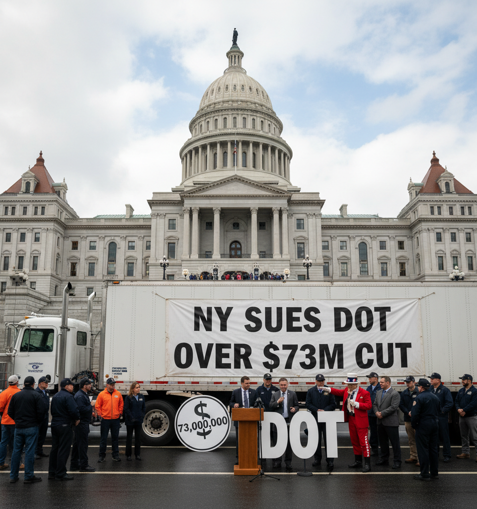 New York Sues DOT Over $73M CDL Funding Cut, Citing Non-Domiciled Driver Dispute — AI-generated illustration