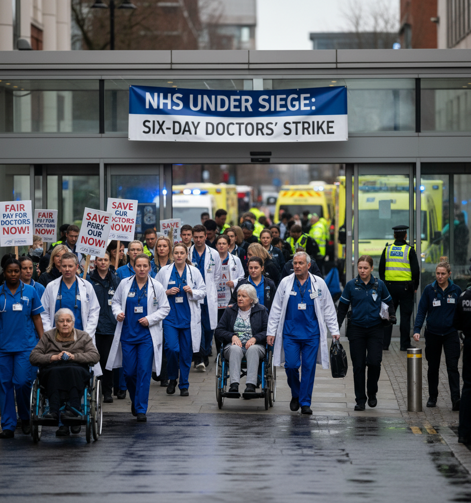 NHS Under Siege: Six-Day Doctors' Strike Launches, Threatening Patient Care Across England — AI-generated illustration