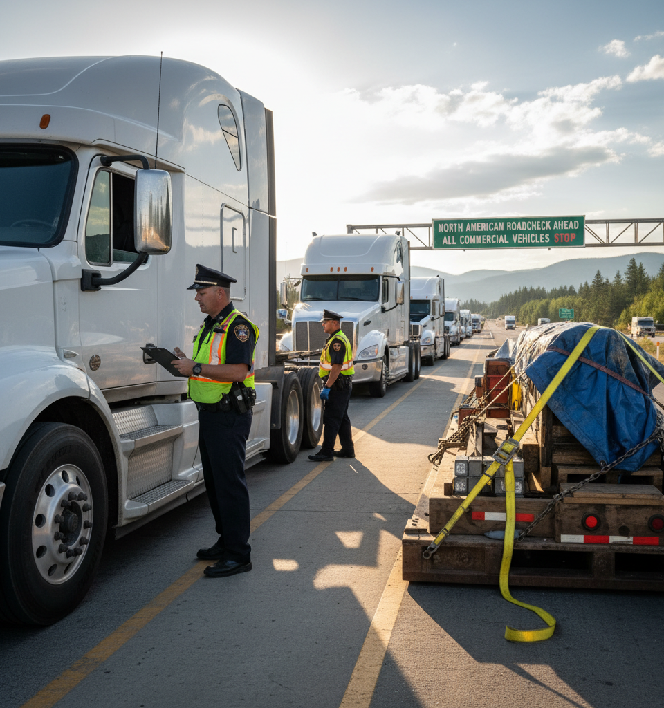 North American Roadcheck: Heightened Scrutiny on Driver Hours and Cargo Securement — AI-generated illustration