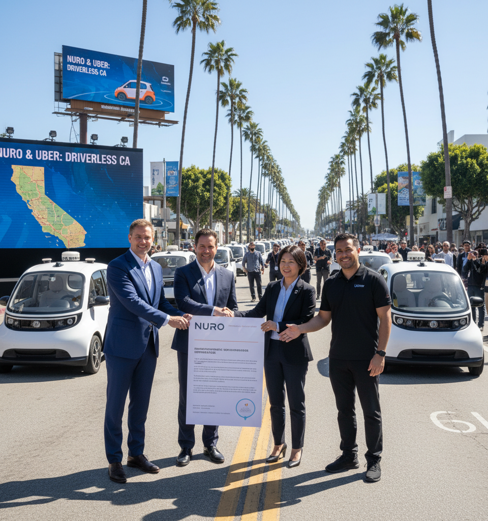 Nuro Cleared for Driverless Robotaxi Testing in California, Partnering with Uber — AI-generated illustration