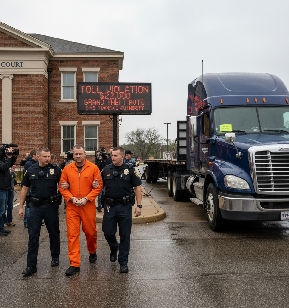 Ohio Indicts Illinois Trucker on Grand Theft for $22K Turnpike Toll Evasion; Freightliner at Risk — AI-generated illustration