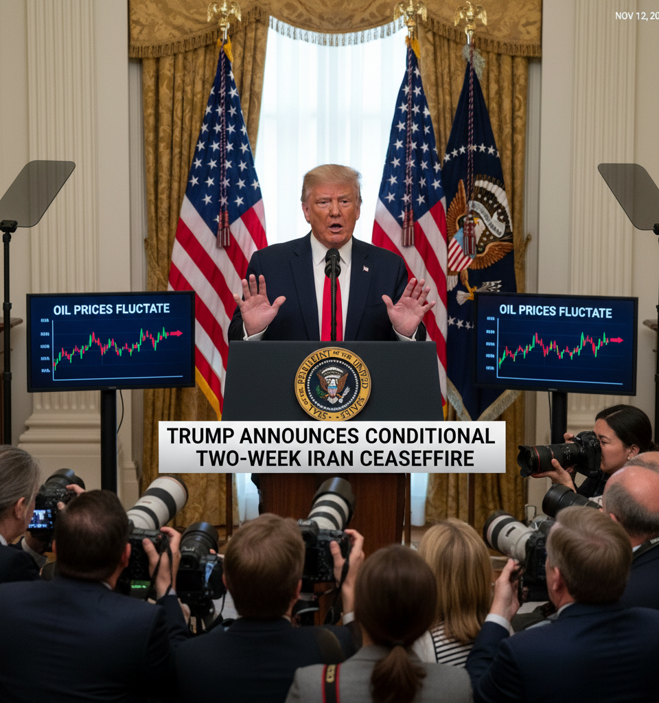 Oil Prices Fluctuate as Trump Agrees to Conditional Two-Week Iran Ceasefire, Averting Immediate Conflict — AI-generated illustration