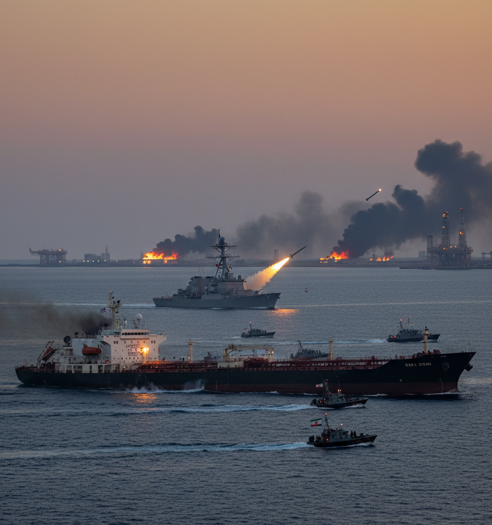 Oil prices jump after Iran and U.S. attack commercial ships as tensions escalate over Strait of Hormuz — AI-generated illustration