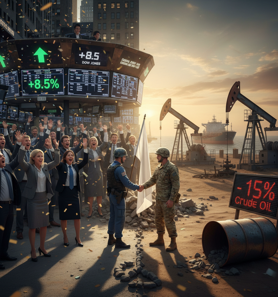Oil Prices Plunge and Stocks Surge After Cease-Fire Deal — AI-generated illustration