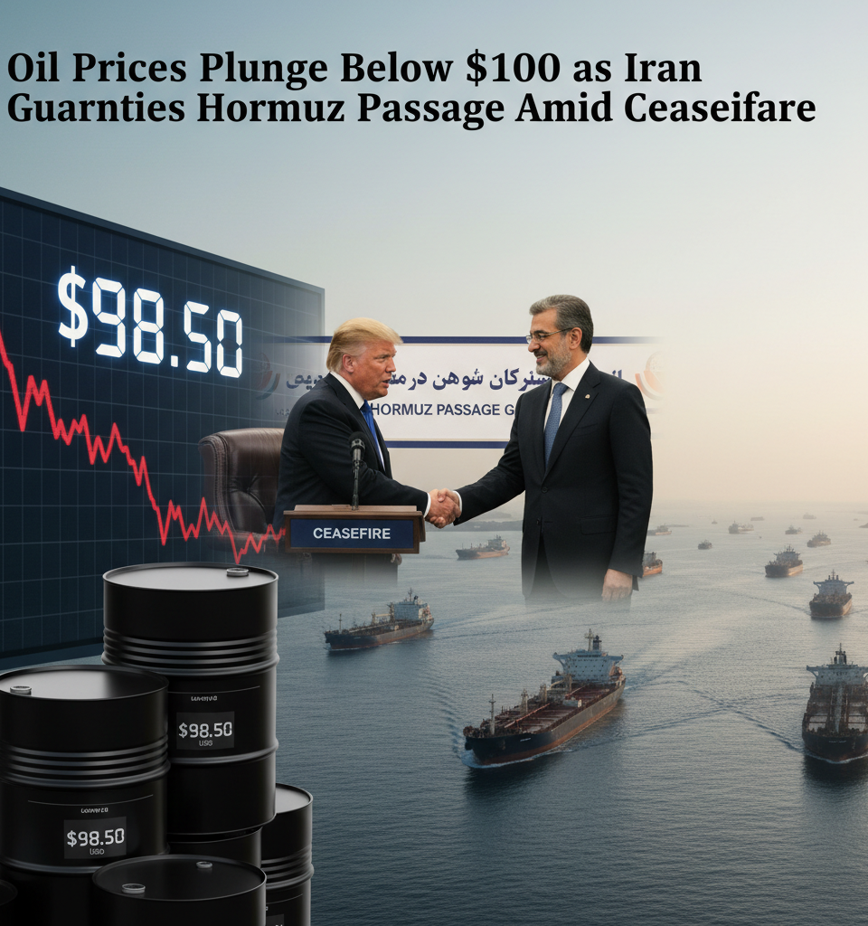 Oil Prices Plunge Below $100 as Iran Guarantees Hormuz Passage Amid Ceasefire — AI-generated illustration