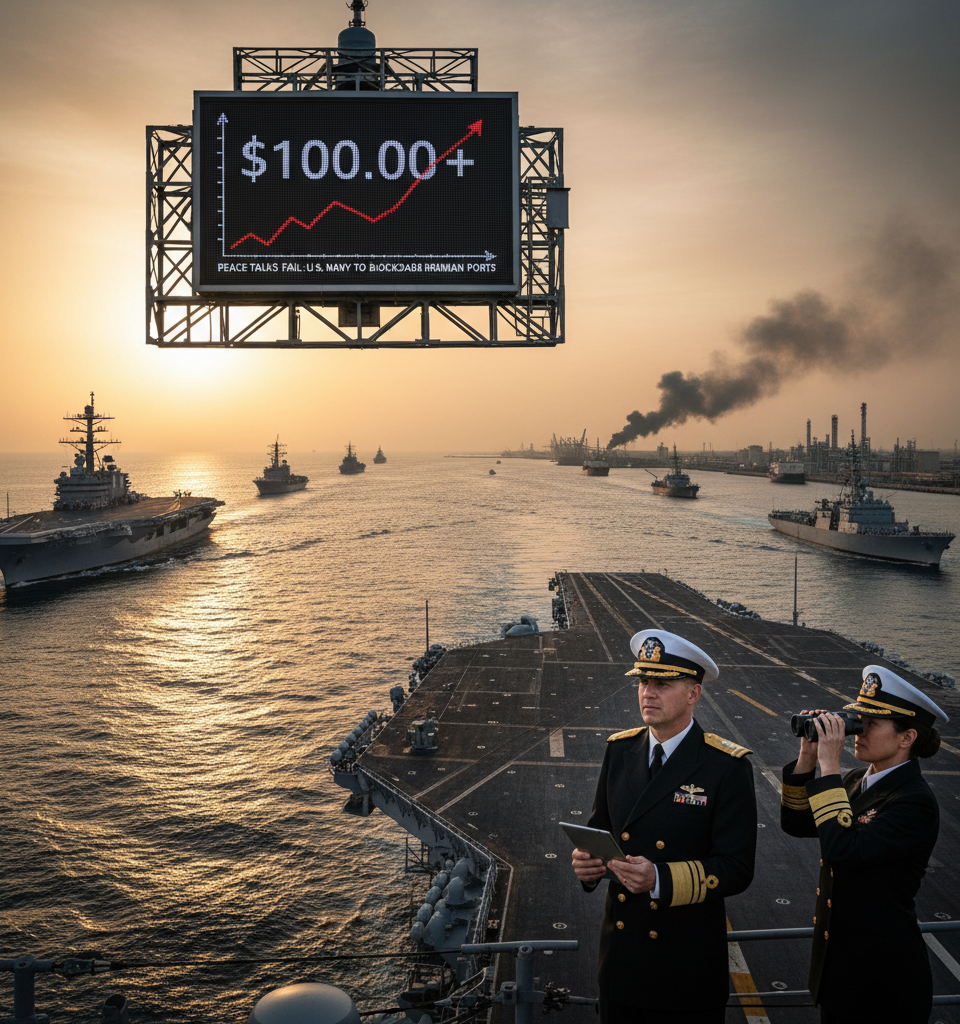 Oil prices surge above $100 as U.S. Navy to blockade Iran's ports after peace talks fail — AI-generated illustration