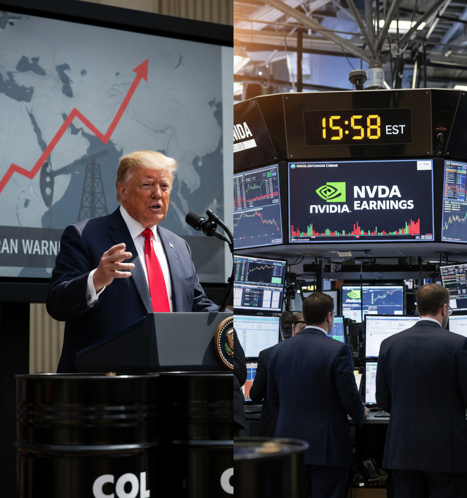 Oil Prices Surge as Trump Warns Iran; Nvidia Earnings Loom Amid Market Volatility — AI-generated illustration