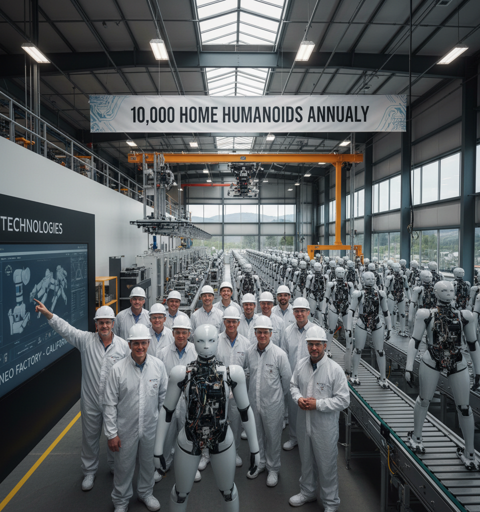 OpenAI-Backed 1X Unveils California Robotics Factory, Aiming for 10,000 Home Humanoids Annually — AI-generated illustration
