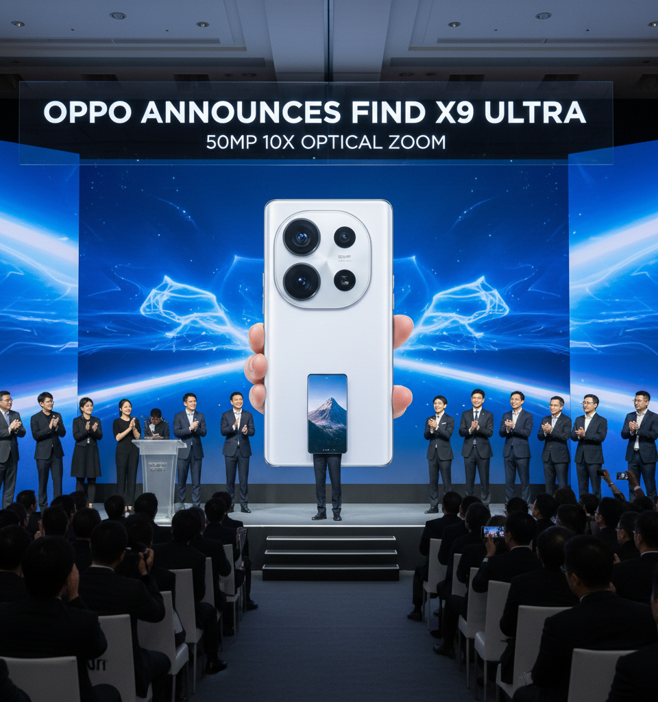 Oppo announces the Find X9 Ultra with a 50MP 10x optical zoom telephoto camera — AI-generated illustration
