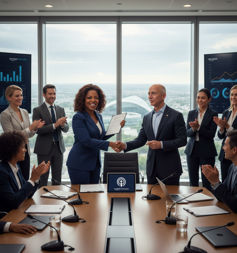 Oprah Winfrey Forges Multiyear Podcast Deal with Amazon, Expanding Digital Footprint — AI-generated illustration
