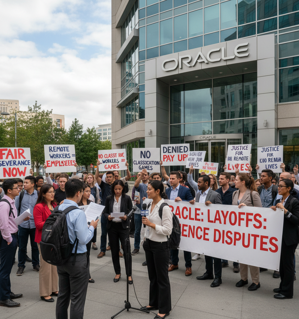 Oracle Layoffs: Severance Disputes Erupt Amidst Remote Worker Classification Concerns — AI-generated illustration