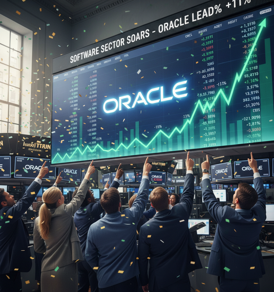Oracle pops 11%, leading bounce back rally in software stocks — AI-generated illustration