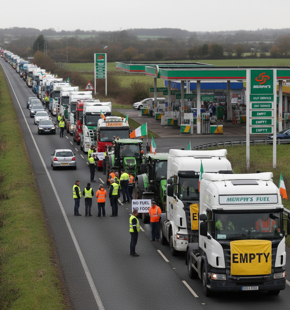 Over a third of Ireland’s fuel stations are empty and truck and tractor drivers are protesting nationwide — AI-generated illustration