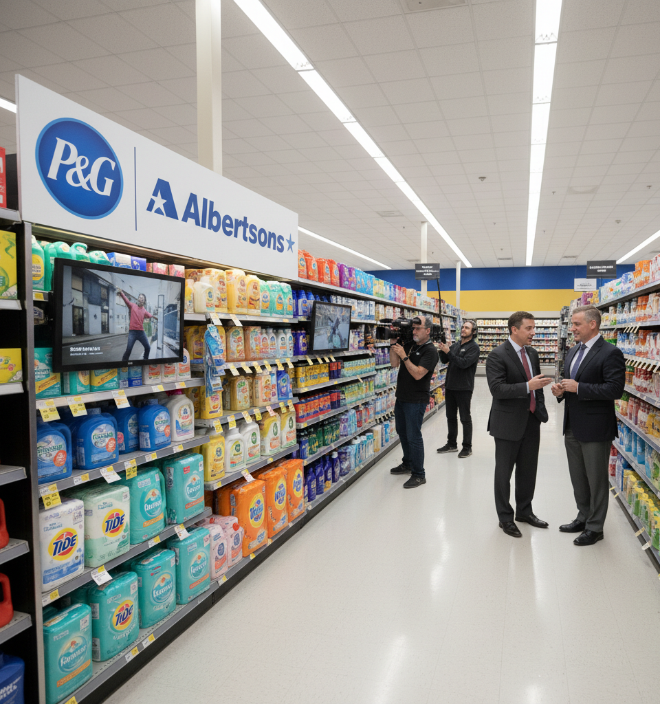 P&G and Albertsons Pilot New Strategy to Transform Grocery Aisles into Content Studios — AI-generated illustration