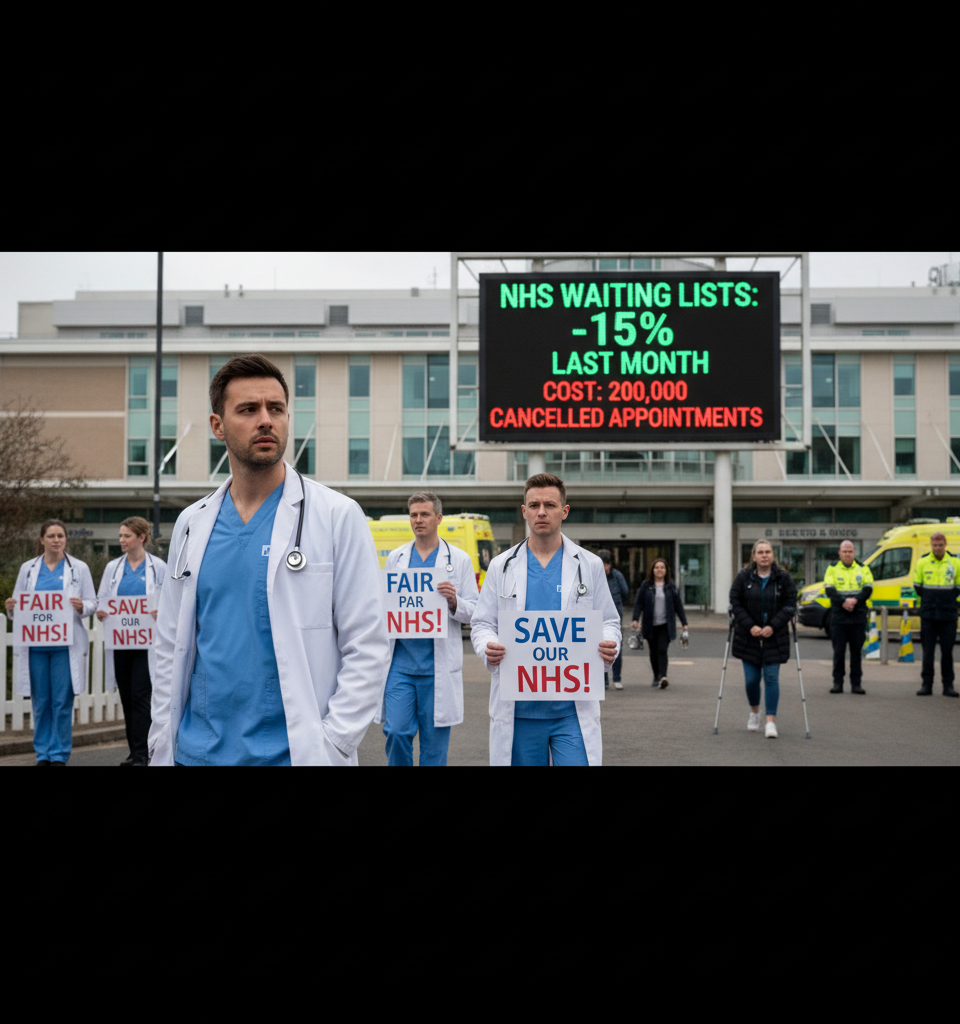 Paradox of the Picket Line: How Doctor Strikes Can Shrink NHS Waiting Lists, But at What Cost? — AI-generated illustration