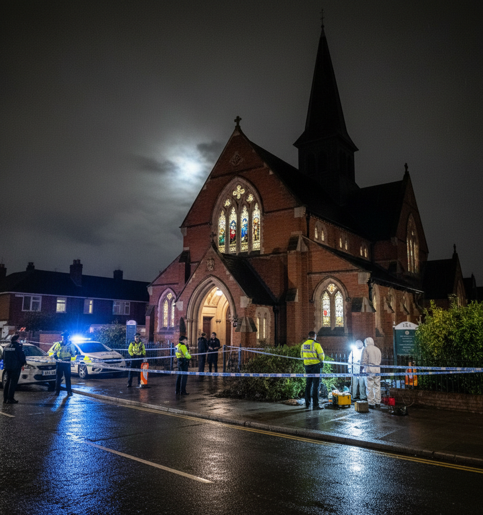 Police Hunt for Suspects After Horrific Rape Outside Epsom Methodist Church — AI-generated illustration