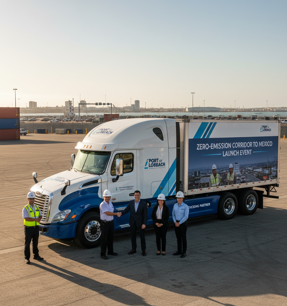 Port of Long Beach & Trucking Partner Launch Zero-Emission Corridor to Mexico — AI-generated illustration