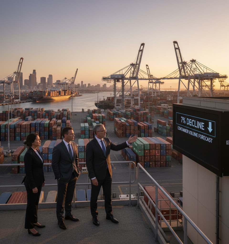 Port of Los Angeles Forecasts 7% Container Volume Decline Amid Budget Approval — AI-generated illustration
