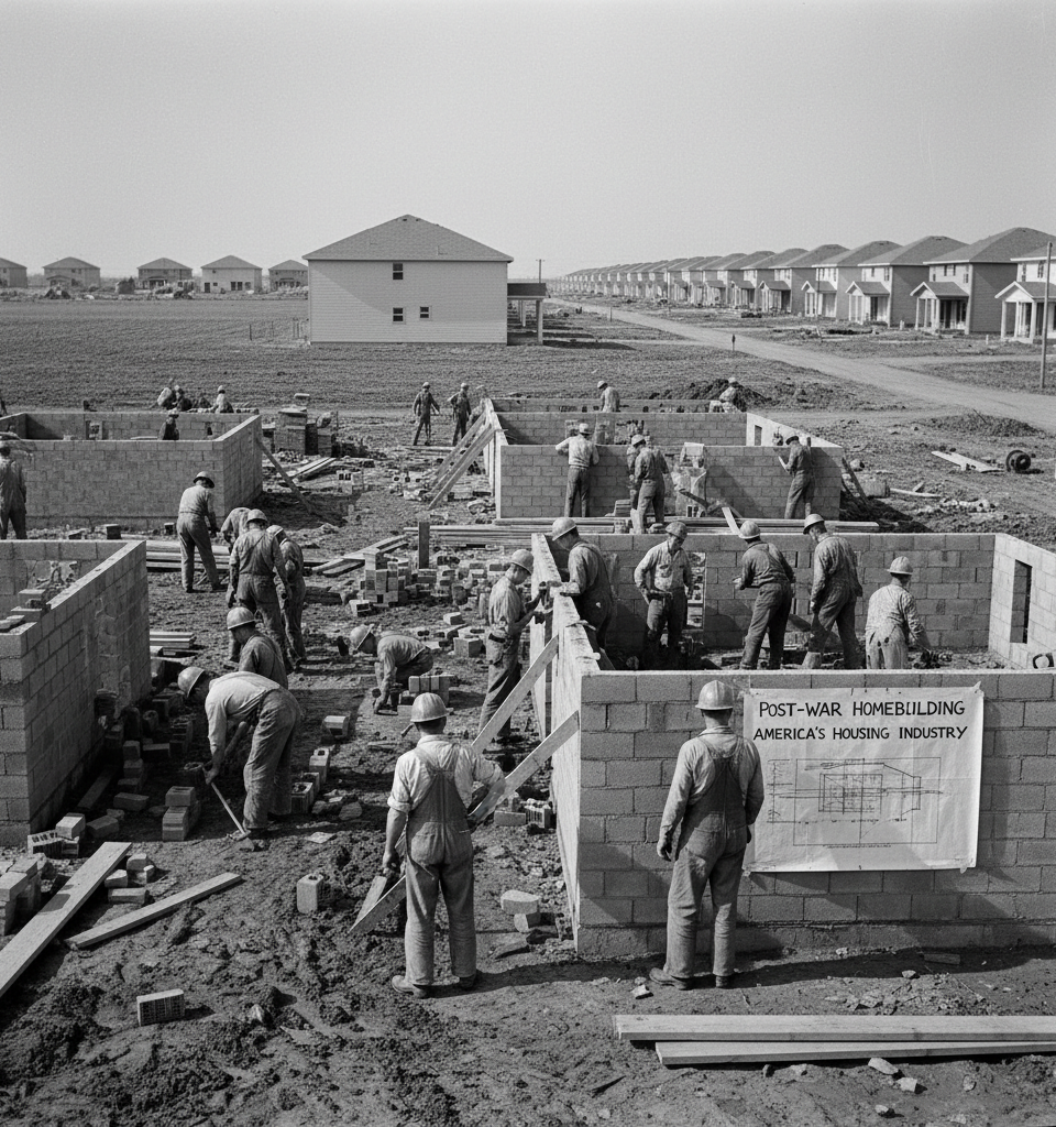 Post-War Homebuilding: The Blueprint for America's Housing Industry — AI-generated illustration