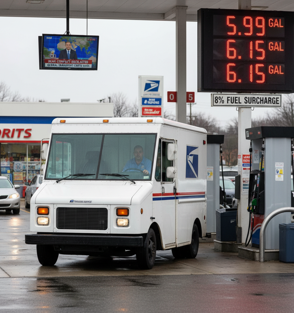 Postal Service plans 8% fuel surcharge as Iran war raises transport costs — AI-generated illustration