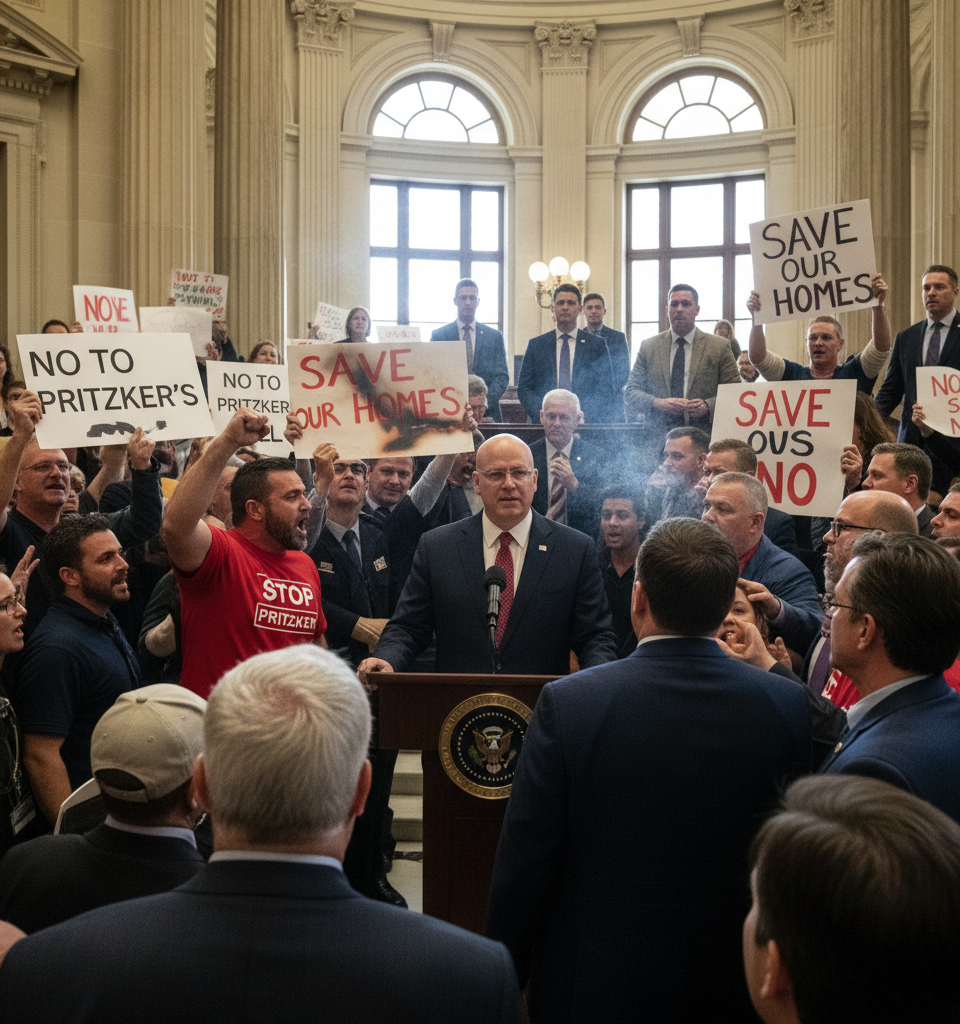 Pritzker's Housing Reform Faces Fiery Opposition in Illinois Legislative Battle — AI-generated illustration