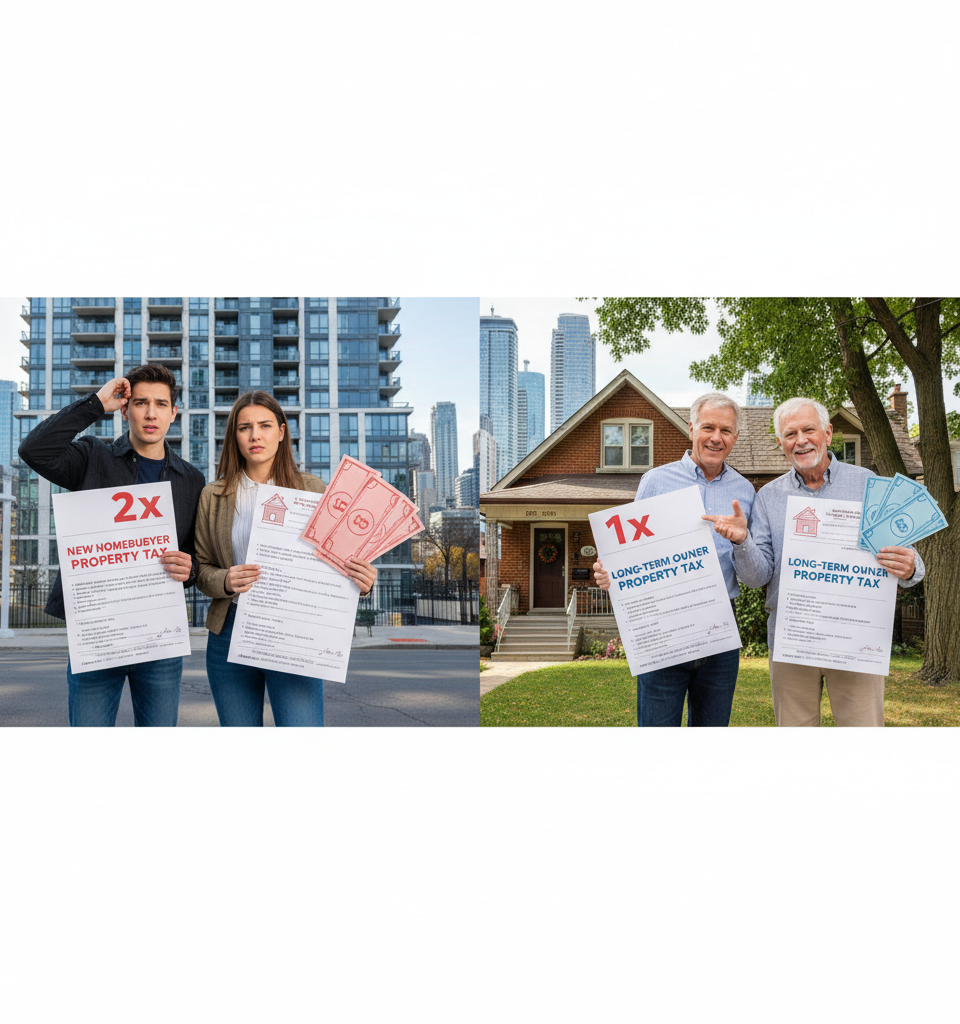 Property Tax Disparity: New Homebuyers Face Double the Burden of Long-Term Owners in Key Cities — AI-generated illustration