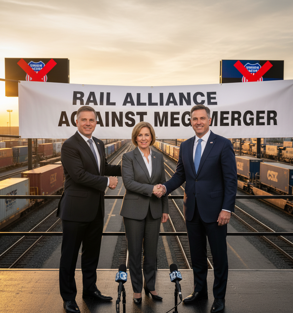 Rail Rivals Form Coalition to Block Union Pacific-Norfolk Southern Merger as Re-Application Looms — AI-generated illustration