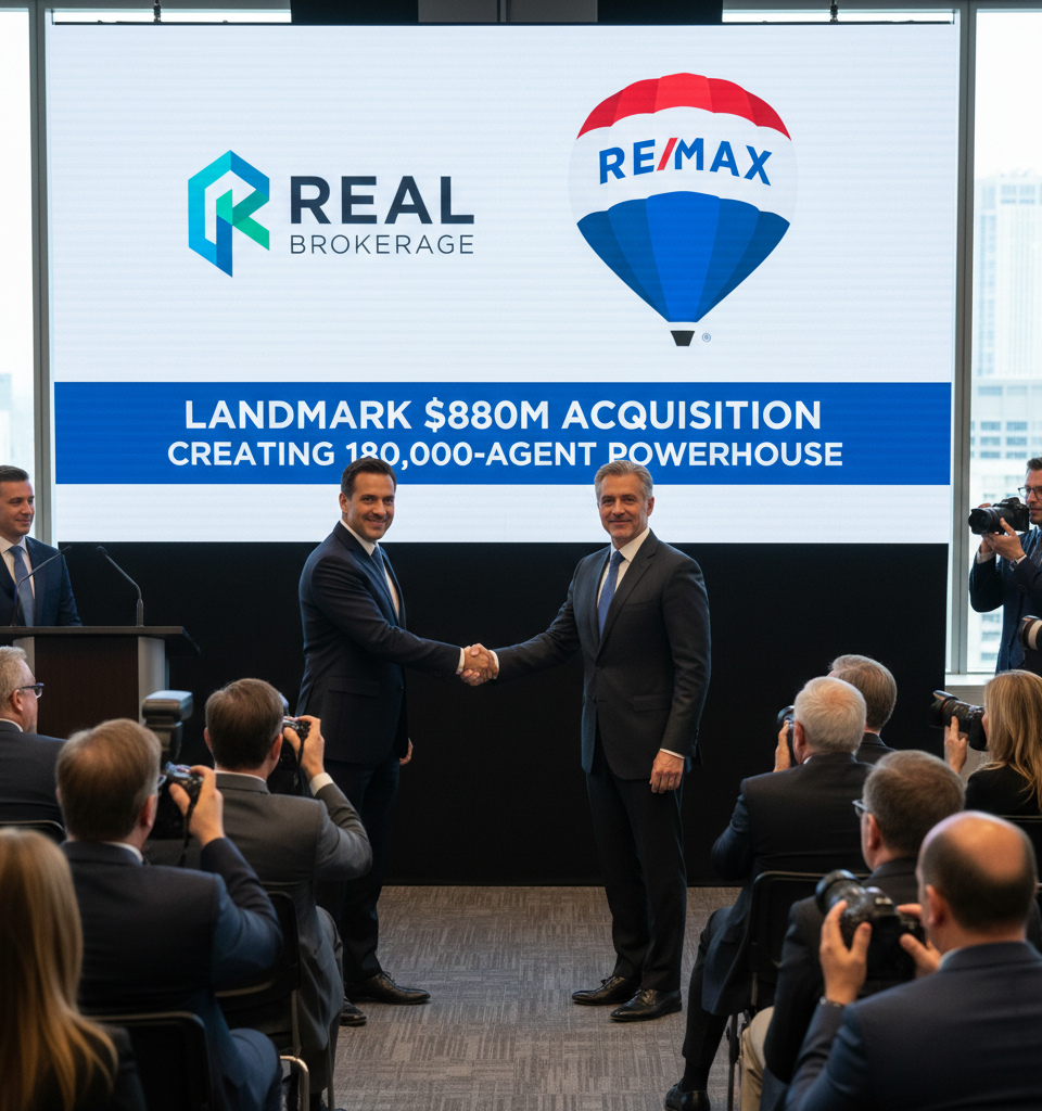 Real Brokerage to Acquire REMAX in Landmark $880M Deal, Creating 180,000-Agent Powerhouse — AI-generated illustration