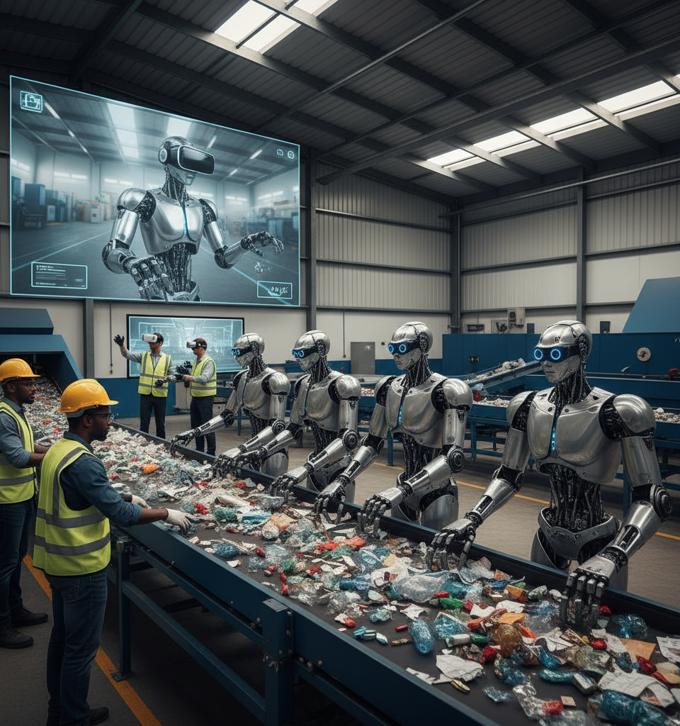 Recycling Industry Grapples with 40% Turnover: Humanoid Robots Offer a VR-Trained Solution — AI-generated illustration