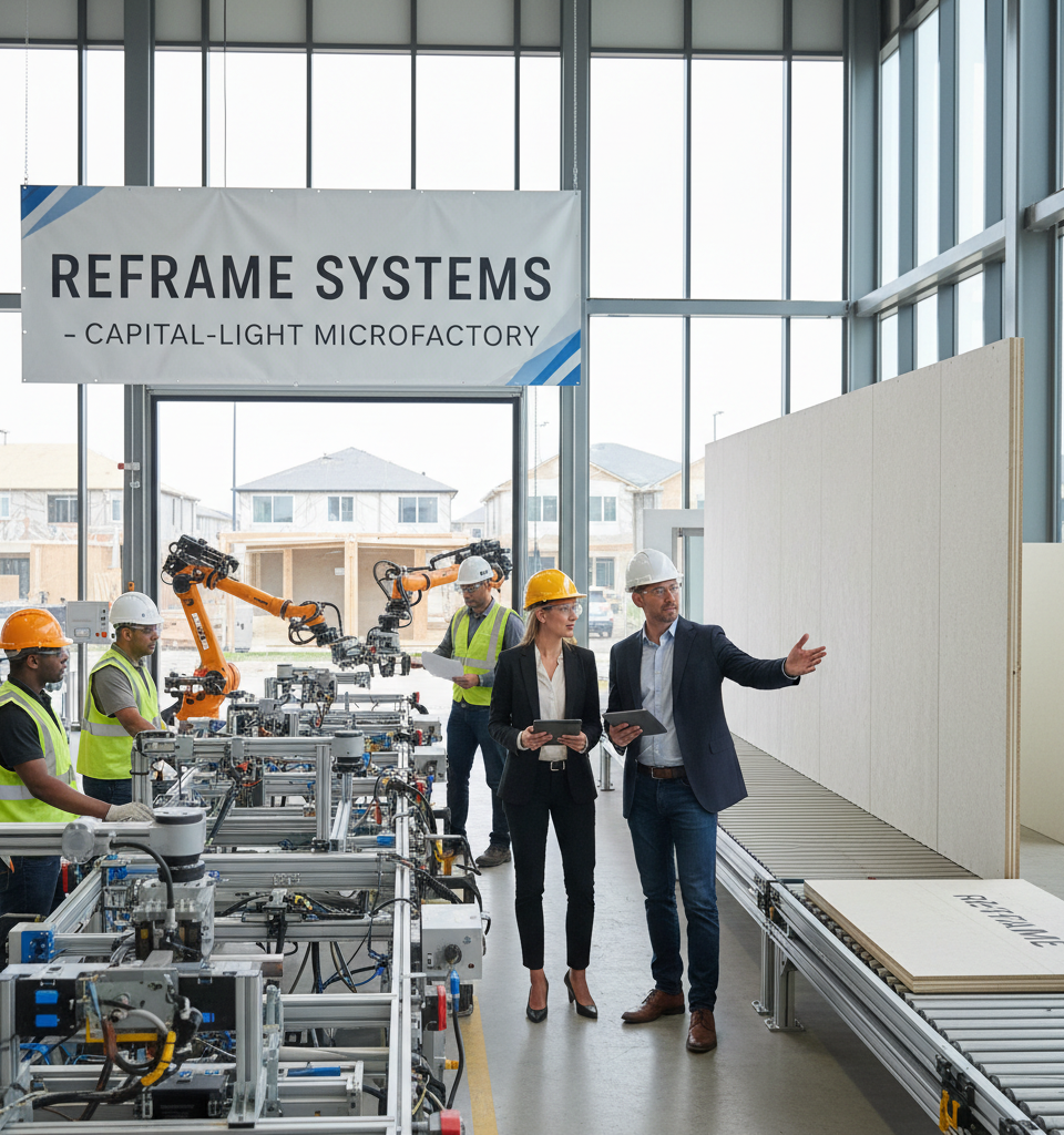 Reframe Systems Pioneers Capital-Light Microfactory Model to Disrupt Housing Construction — AI-generated illustration