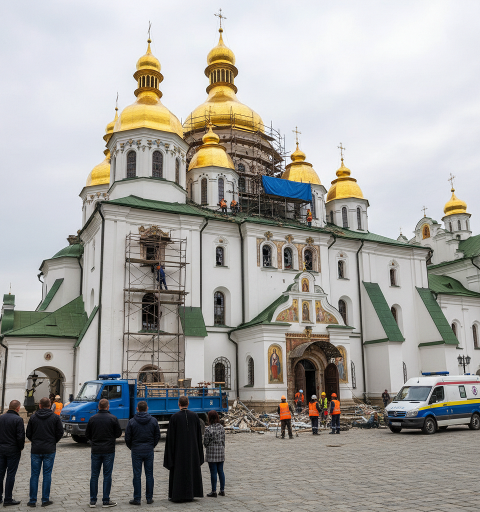 Repairs Commence at Historic Kyiv Monastery After Russian Attack — AI-generated illustration