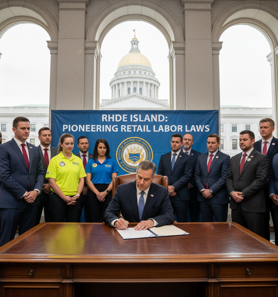 Rhode Island to Mandate Self-Checkout Staffing Ratios, First in Nation — AI-generated illustration