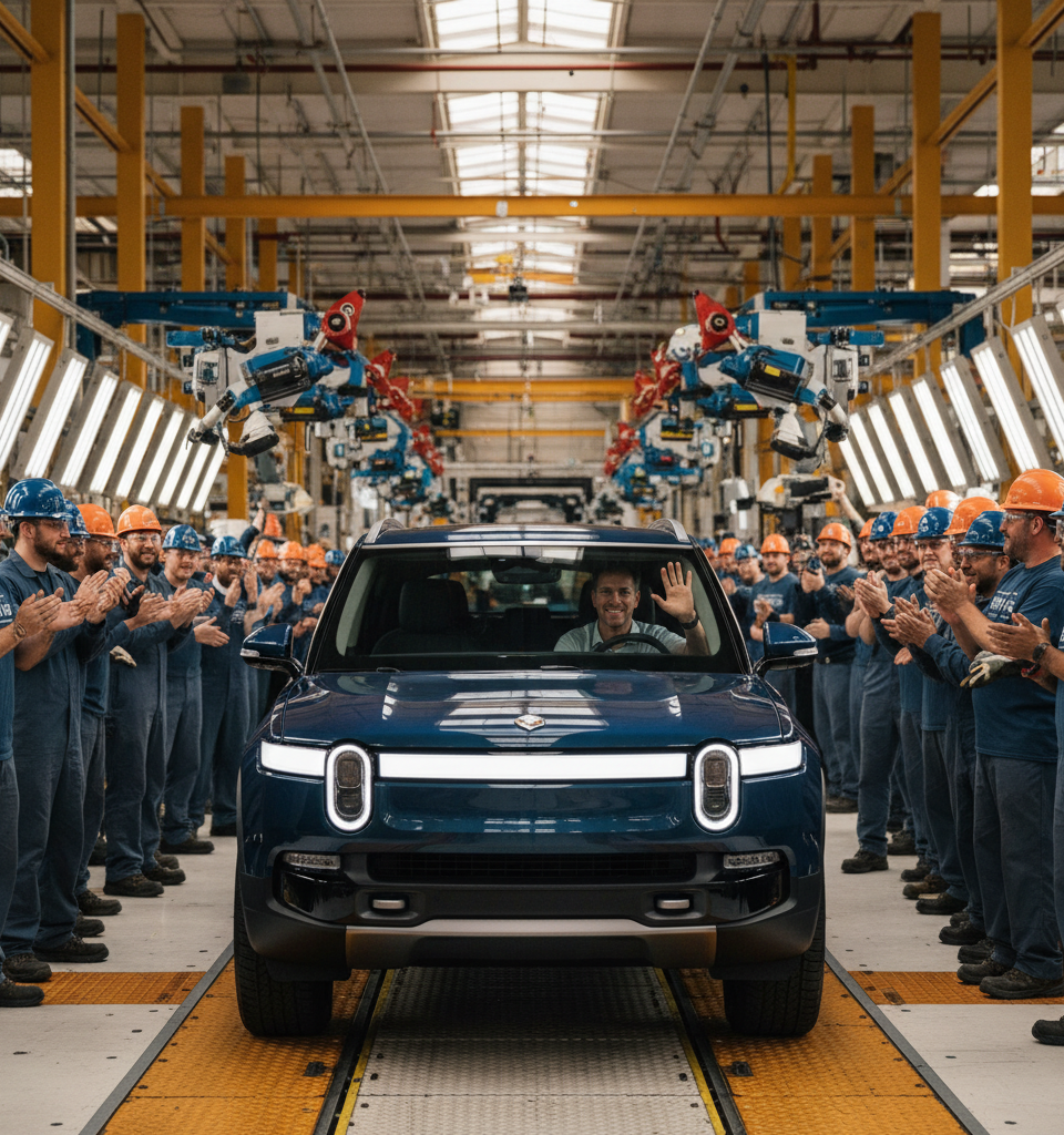 Rivian Kicks Off R2 SUV Production Amidst Factory Challenges, Eyes Spring Deliveries — AI-generated illustration
